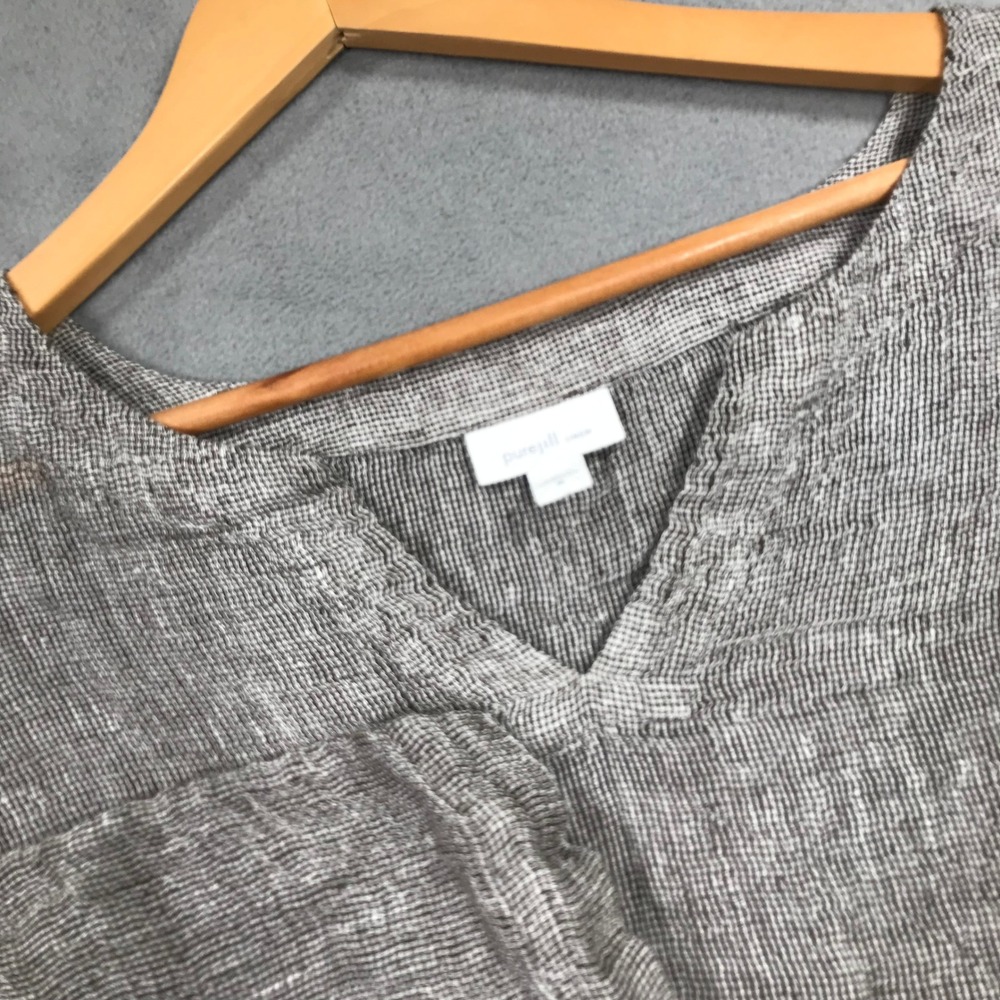Pure Jill Linen Top Womens Size M Grey V-Neck 3/4 Sleeve Textured Sheer Knit
